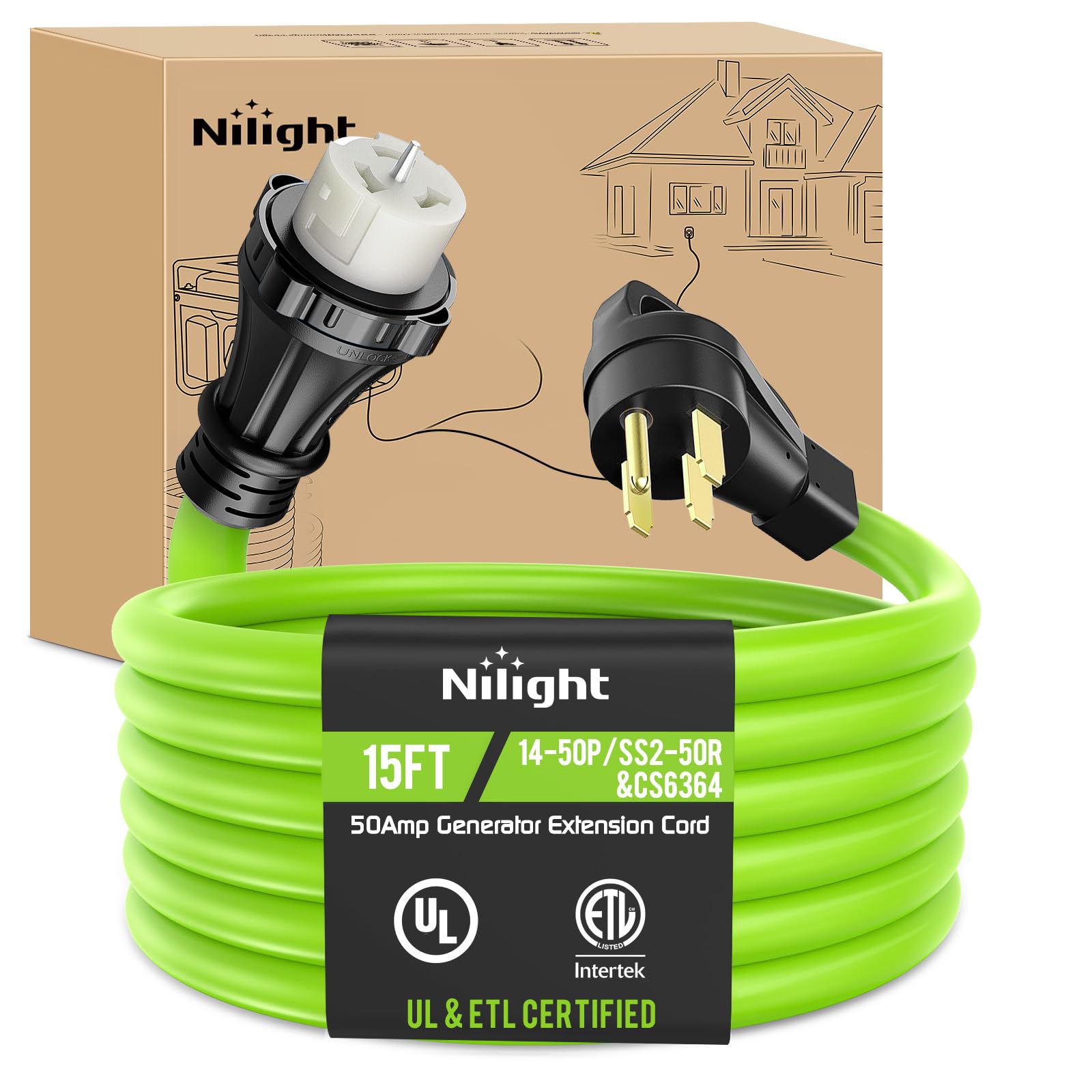 Nilight 15FT 50 Amp Generator Extension Cord 14-50P SS2-50R&amp;CS6364