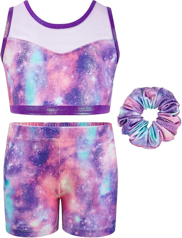 JiAmy Two Piece Gymnastics Leotards for Girls, Sleeveless Sparkly Dance Biketards with Shorts Ballet Tumbling Outfit for 3-12 Years
