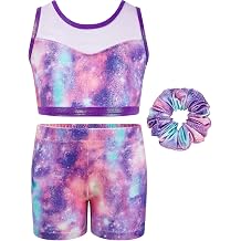 JiAmy Two Piece Gymnastics Leotards for Girls with Shorts 2PCS Workout Set | 2-piece leotard short set 3-12Y, stretchy breathable fabric,sparkly, perfect for gymnastics, ballet, dance, yoga & cheer