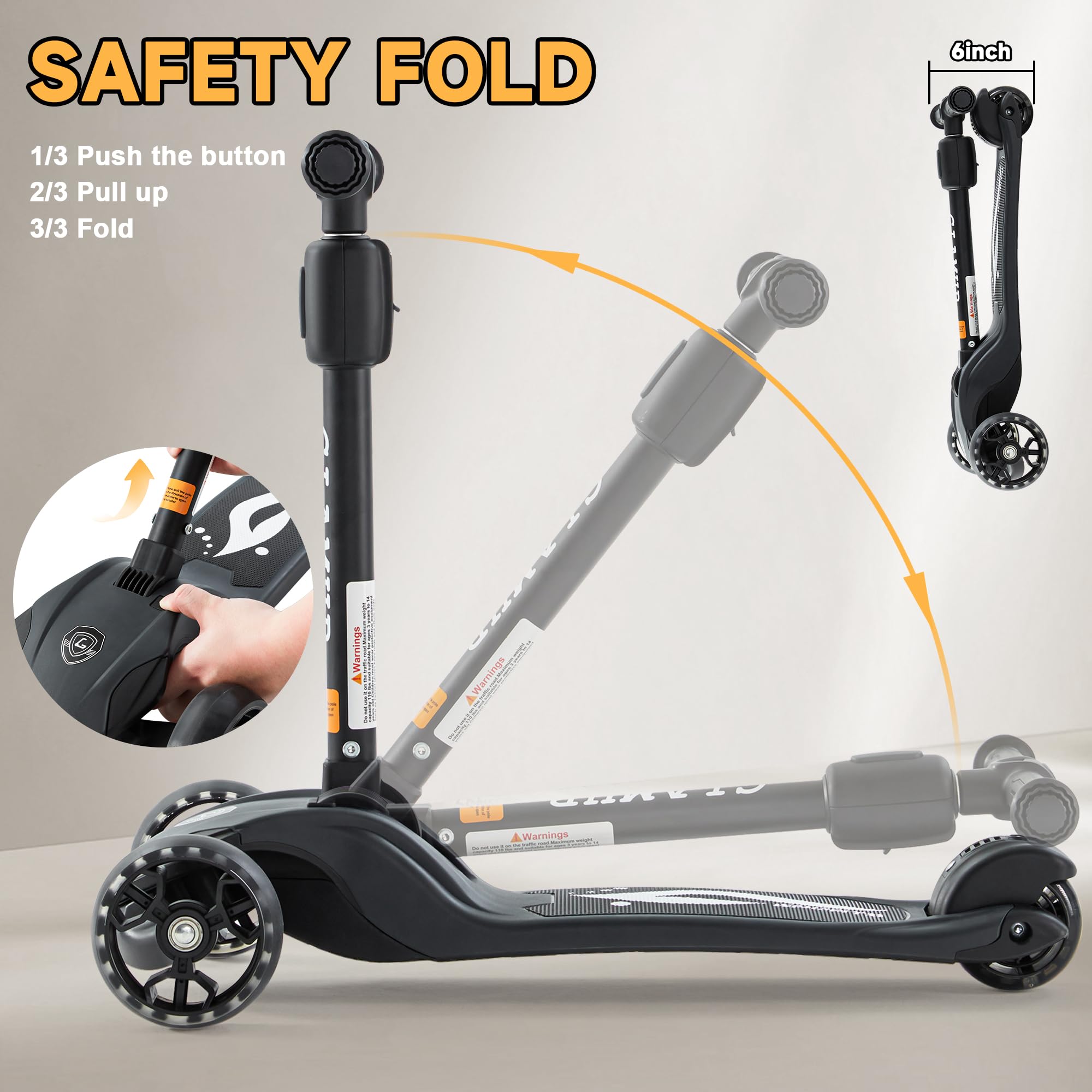 Patinete para niños, 3 ruedas, manillar ajustable en altura para niños, sistema de inclinación para dirección y mecanismo de plegado fácil, niños y niñas de 3 a 14 años (1003-negro) 5