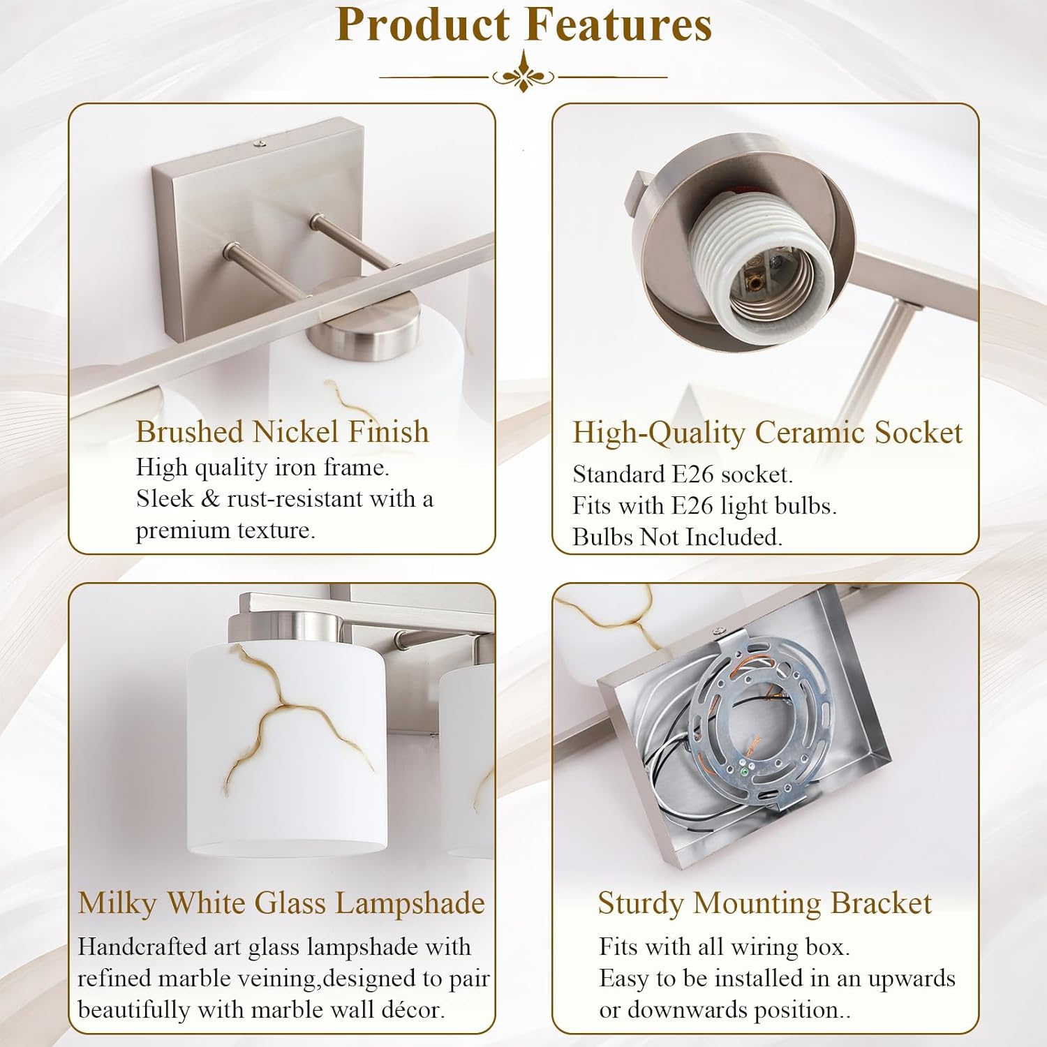 Brushed Nickel Bathroom Light Fixtures,Modern 2-Light Bathroom Vanity Light Over Mirror with White Marble Glass Shade,Wall Sconces Lighting for Bedroom Cabinet Kitchen Living Room