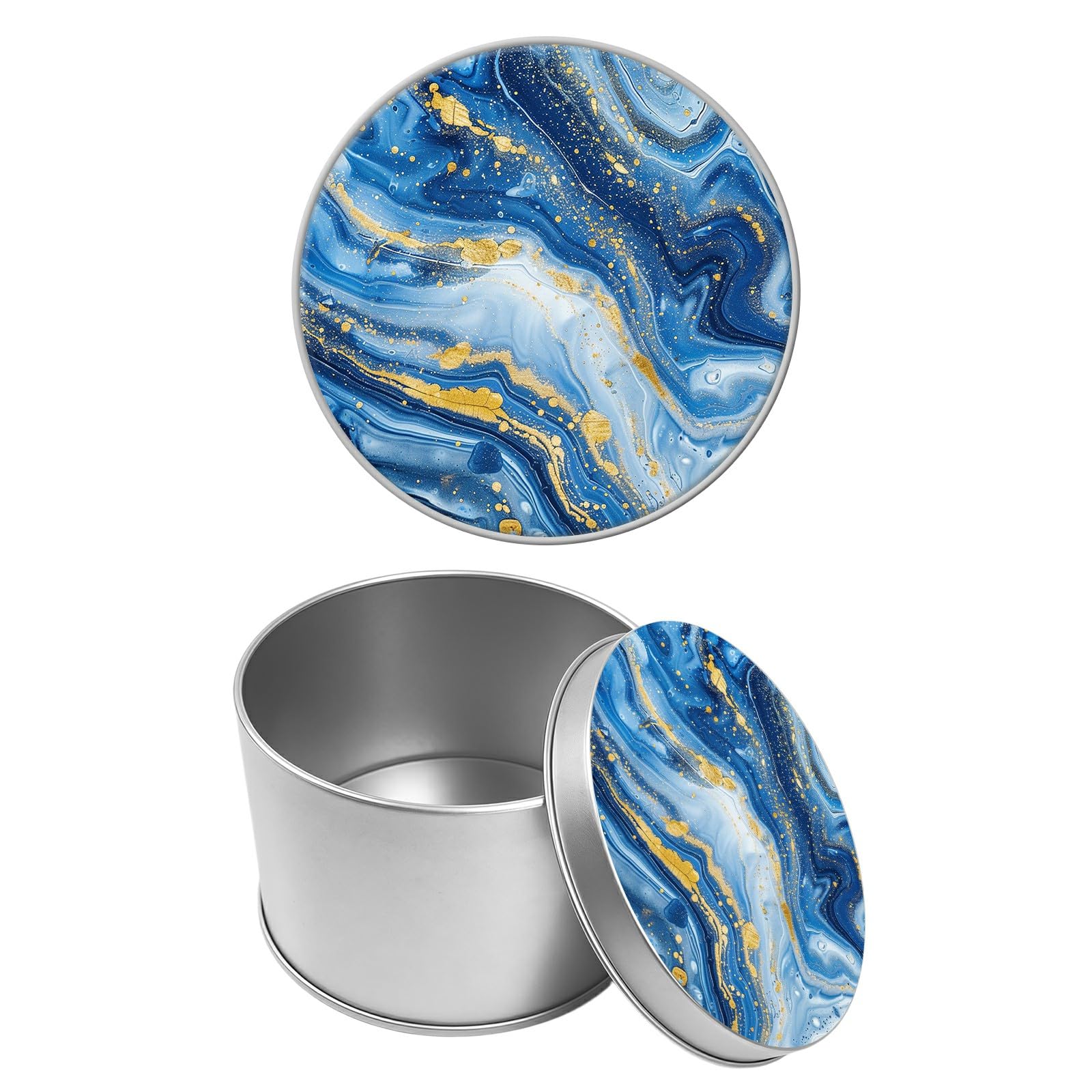 Round Metal Tin Container with Removable Lid, Blue Marble Durable Metal Storage Box for Cookies Spices Tea Candies Cakes Jewelry Cosmetics 3.54 x 2.36 inch– Single Pack