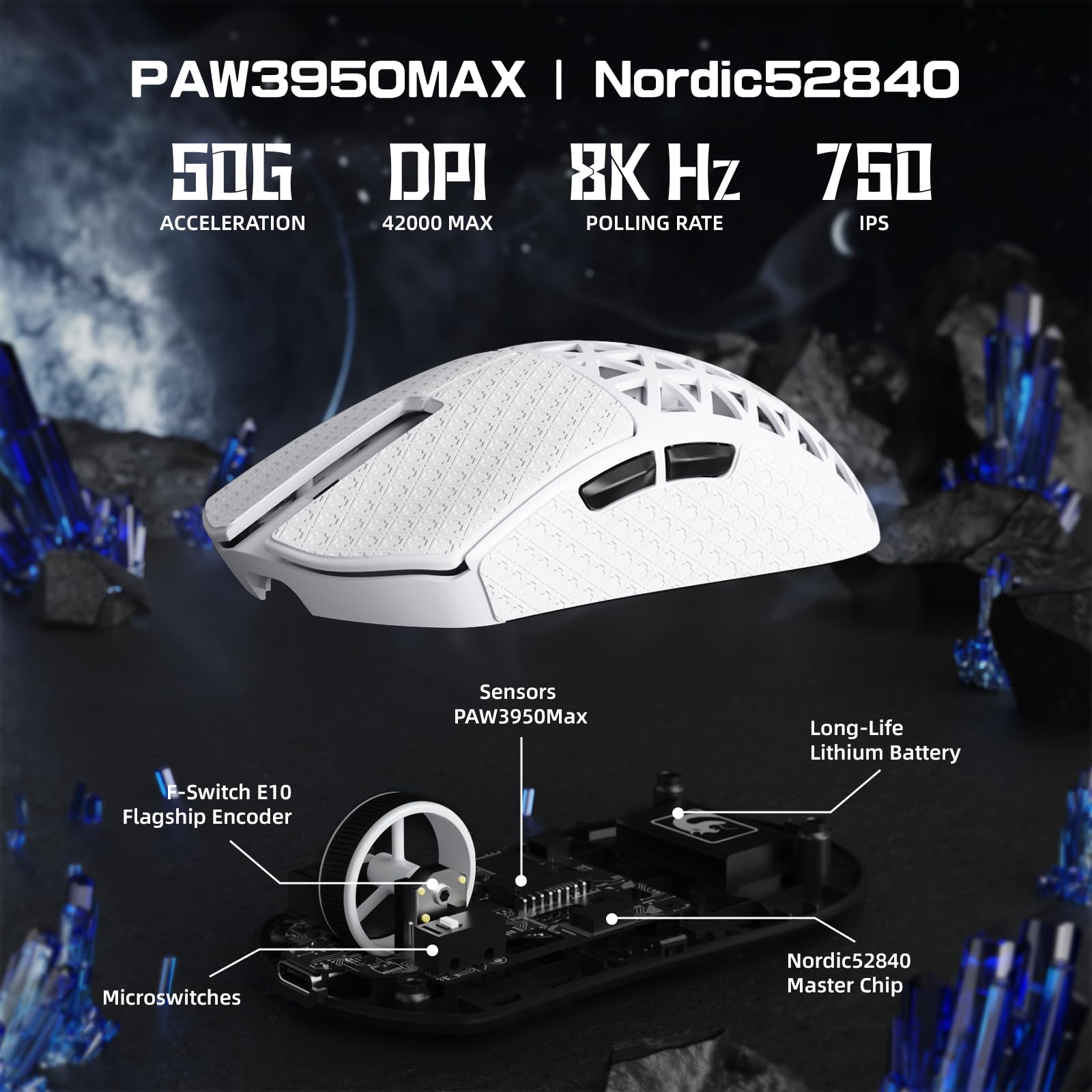 MAMBASNAKE M5 Ultra Carbon Fiber 8000Hz Kabellose Gaming-Maus mit Bis zu 42000 DPI, 39g Ultraleicht, PAW3950MAX Sensor, Nordic 52840 Chip, 2,4GHz Wireless/BT/Kabelgebunden, für PC/Xbox/PS/Mac – Weiß