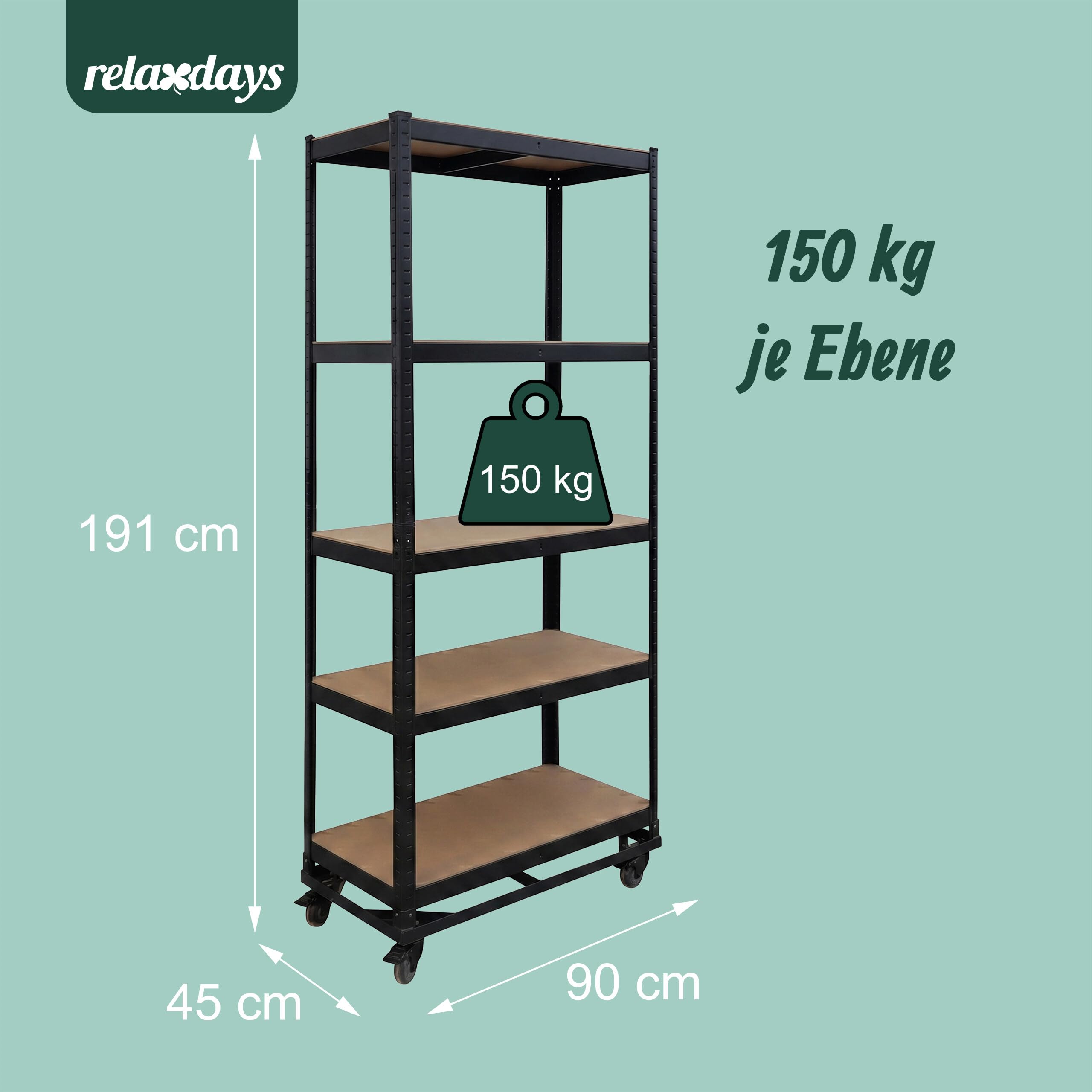 Relaxdays Schwerlastregal auf Rollen, HxBxT: 191 x 90 x 45 cm, 750 kg, 5 Böden, Stahl, Stecksystem, Lagerregal, schwarz