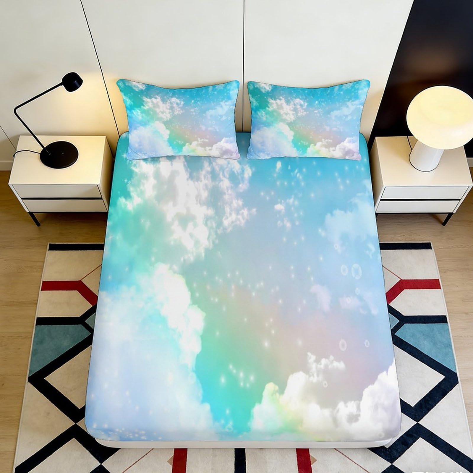 3D Printed Cloud Rainbow Fitted Sheet Microfiber Soft Breathable Sky Dream Bed Cover for Bedroom Guest Room Dorm Mattress Protection Decor 140x200x25cm