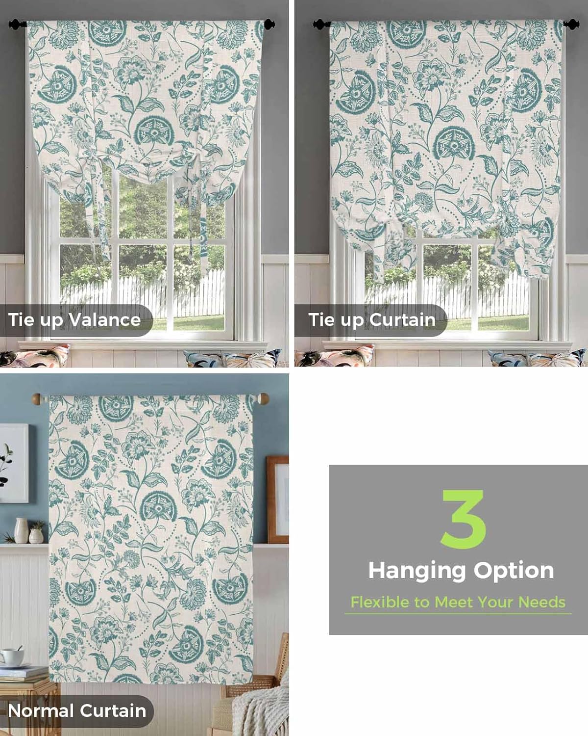 Tie Up Curtains for Windows, Teal Green Spring Floral Kitchen Curtain Adjustable Balloon Window Shades, Retro Farmhouse Summer Botanical Valance Curtains for Living Room/Bedroom/Cafe 46"x63"