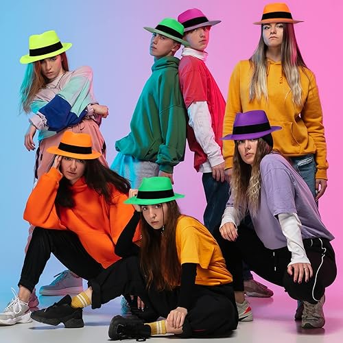 Miniatura 5 de 48 sombreros de fiesta estilo mafia de neón, sombreros de vestir brillantes para cumpleaños de discotecas de música de gángsters, accesorios y