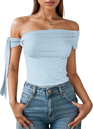 Off The Shoulder Tops for Women Tie Shoulder Ruched Going Out Slim Fit Sexy Solid Y2K Summer Tops