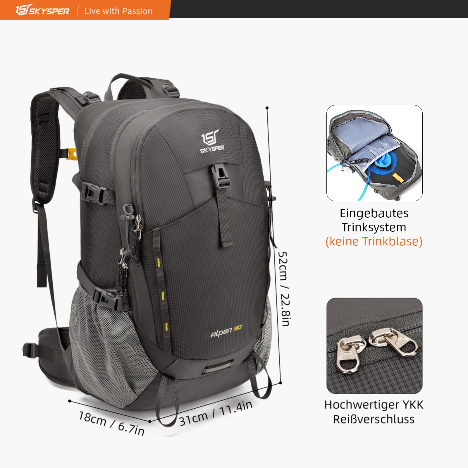 SKYSPER Zaino da Hiking Professionale 30L, Zaino da Trekking Impermeabile con Copri Pioggia Zaino con Ventilazione Posteriore per Escursioni Viaggi Campeggio