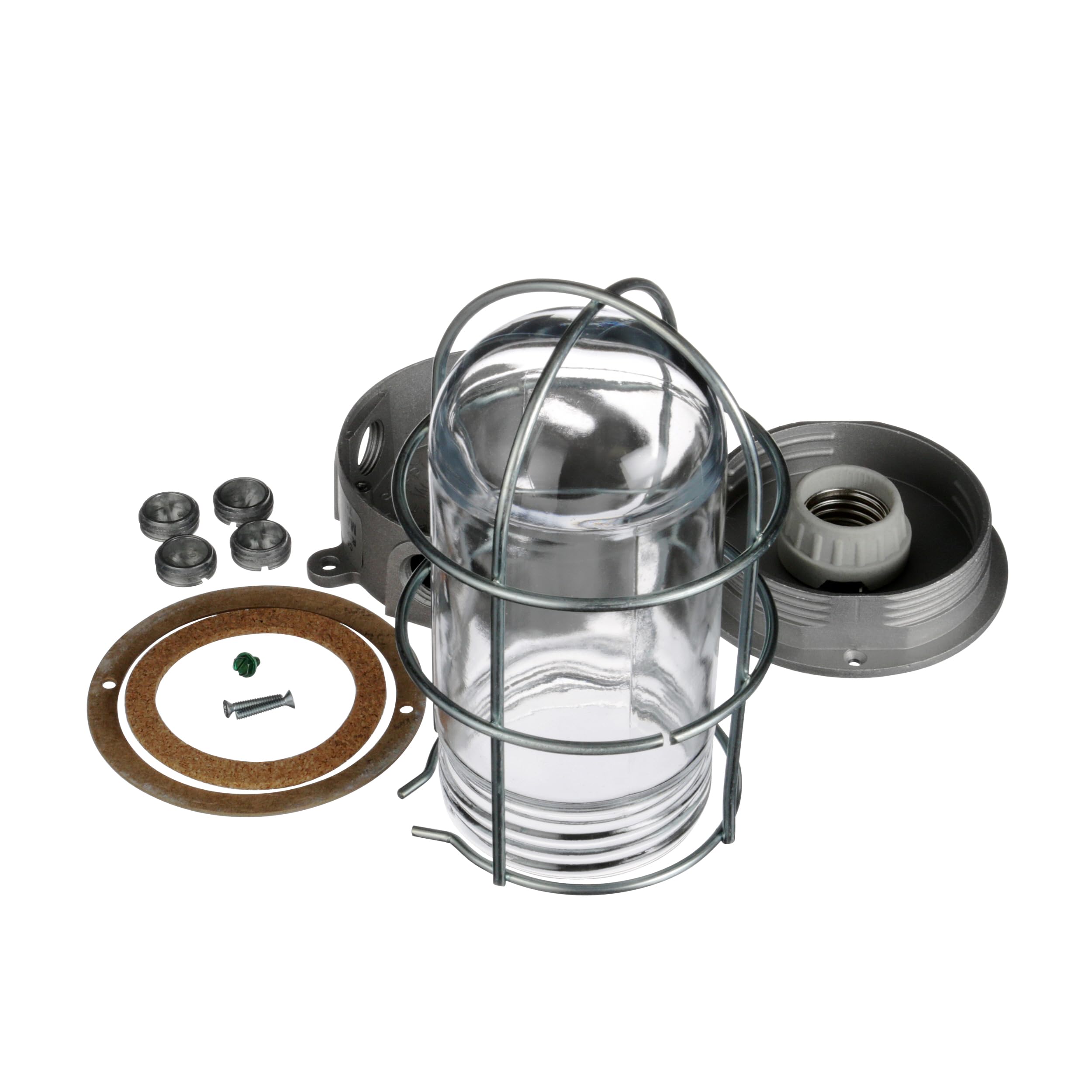 100W 120VAC Brushed Aluminum Surface Mount Incandescent Refrigeration Light with Clear Glass Globe and Wire Guard