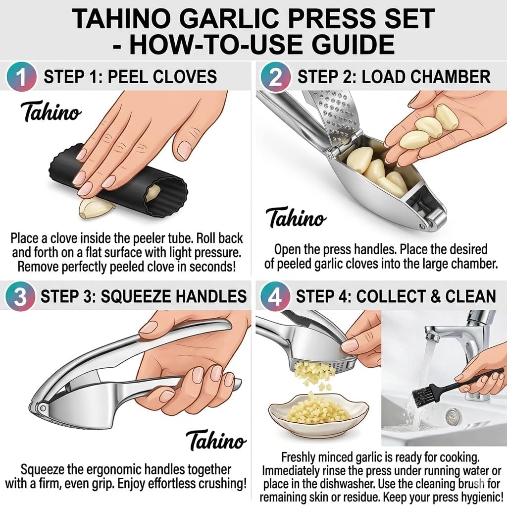 TAHINO Garlic Press Crusher & Mincer – Heavy Duty Zinc Alloy Garlic Press, Ergonomic Easy Squeeze Handheld Garlic Crusher Tool, Rust Resistant Kitchen Garlic Mincer
