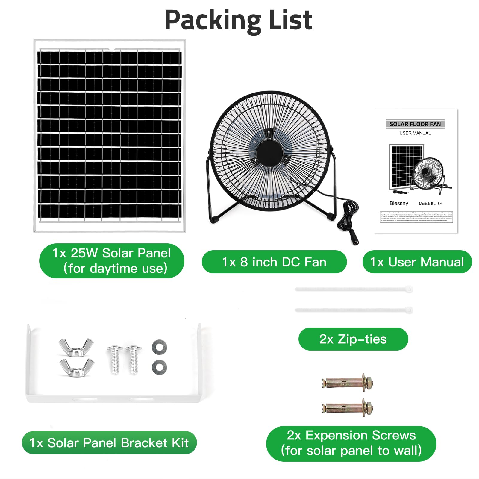 blessny Ventilador solar de 8 pulgadas para invernadero al aire libre, gallinero, casa de mascotas, refrigeración de circulación de aire de cobertizo, funciona con energía solar de 20 W con cable de