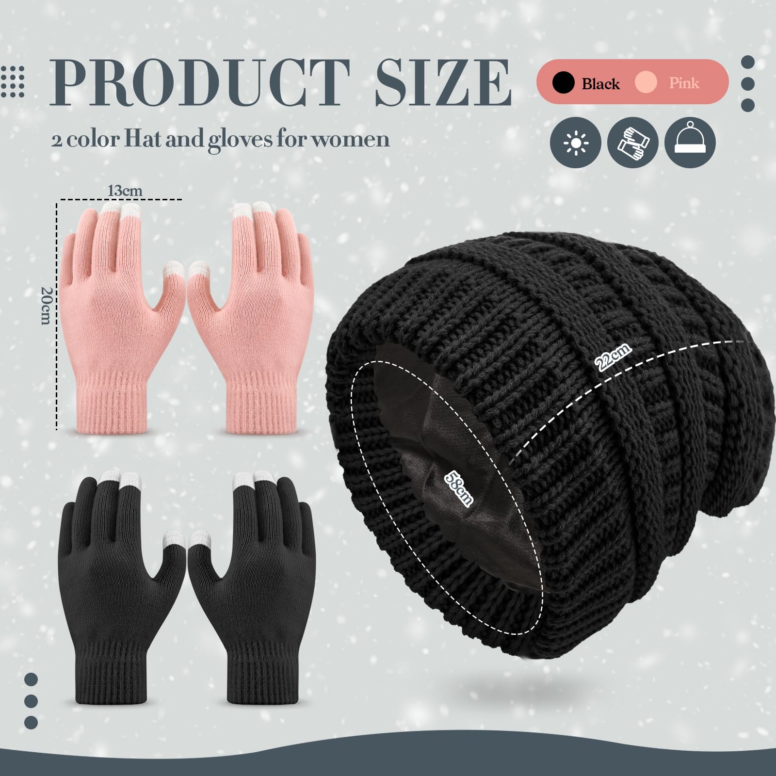Breathffy 4 Pcs Winter Hat and Gloves for Women, Satin Lined Hats for Women Touchscreen Gloves Slouchy Knit Beanies Gift Set(Black, Pink)