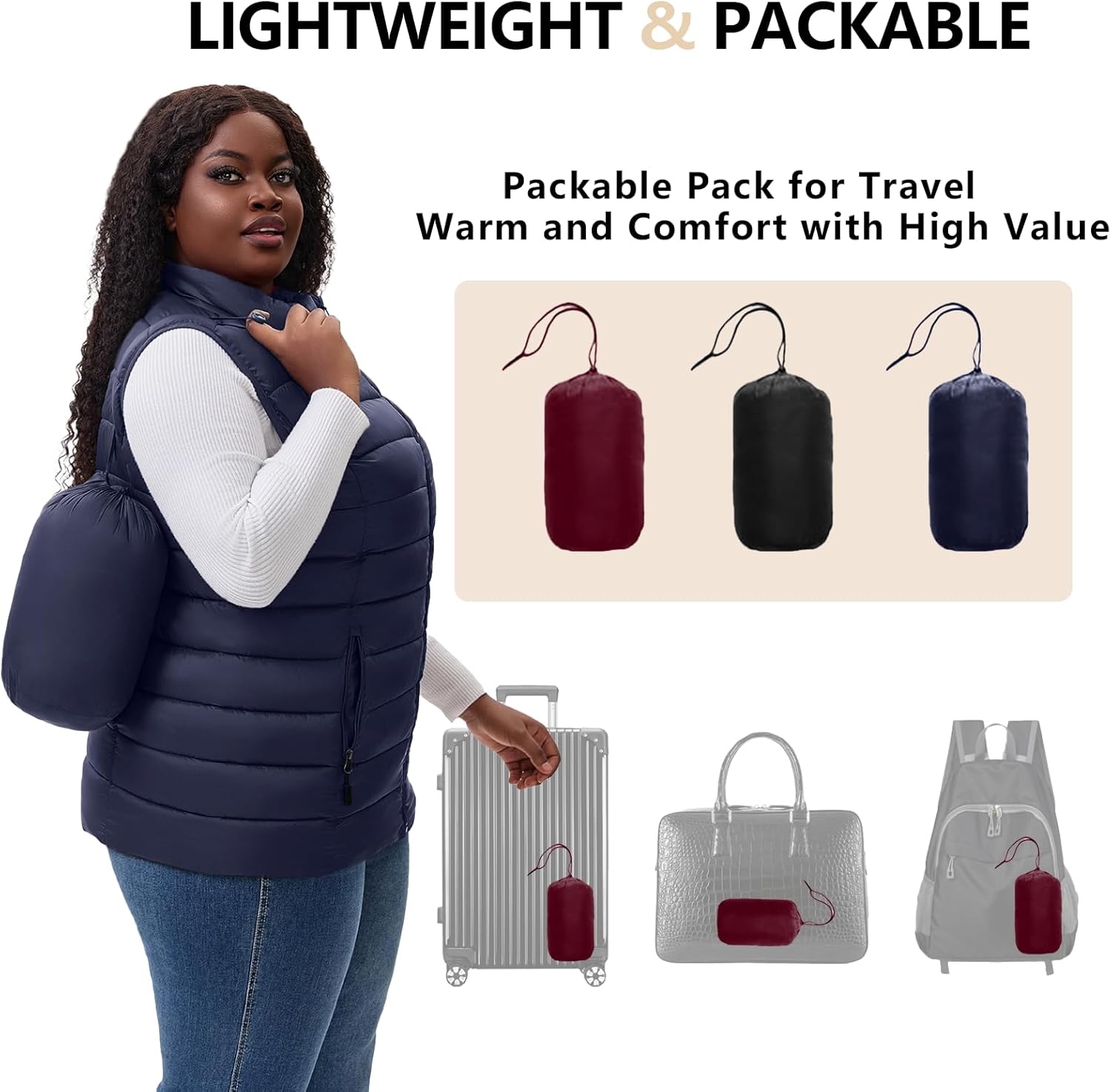 Women's Plus Size Packable Puffer Vest 1X-6X Lightweight Water-Resistant Hooded Quilted Puffy Vest - Image 6