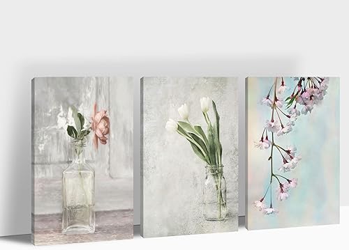 GUTTATY Decoración de pared de flores de granja, lienzo floral rosa, jarrón con cuadros de flores para decoración de pared vintage de sala de estar