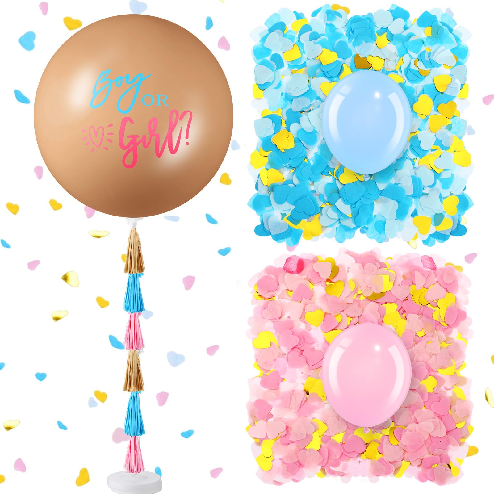 Photo 1 of Syhood Jumbo Gender Reveal Balloon Pop Kit 36 Inch Boy or Girl Balloon with 10 Blue Pink Balloons Heart Shaped Confetti Tassels Balloon Stand Baby Shower Party Supplies Decorations (Neutral)
