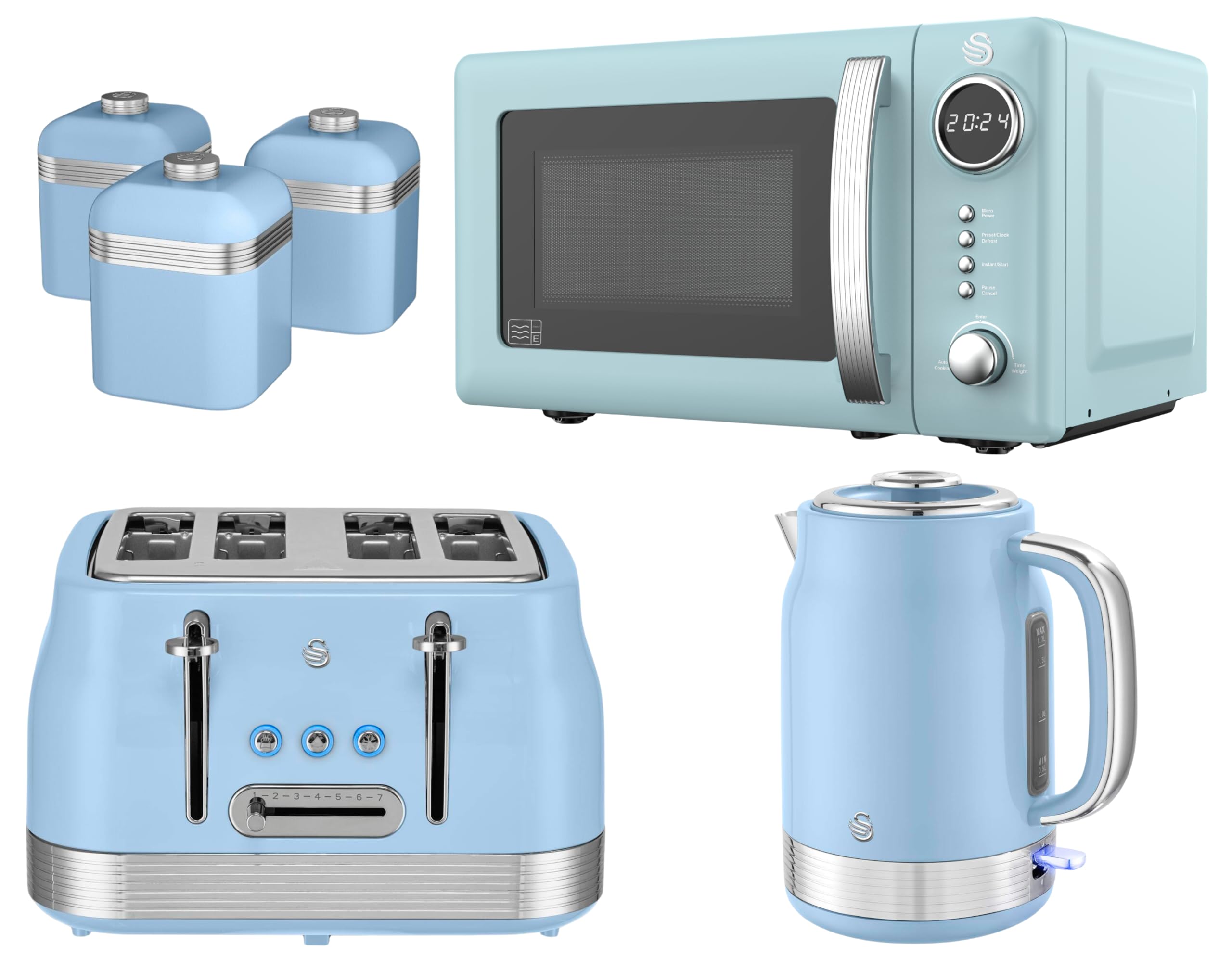 Swan Retro Revive Blue Kitchen Bundle Set – 1.7L Rapid Boil Kettle, 4 Slice Toaster, 800W 20L Digital Microwave and Tea, Coffee, Sugar Canisters. Retro Gloss Finish with Chrome Accents
