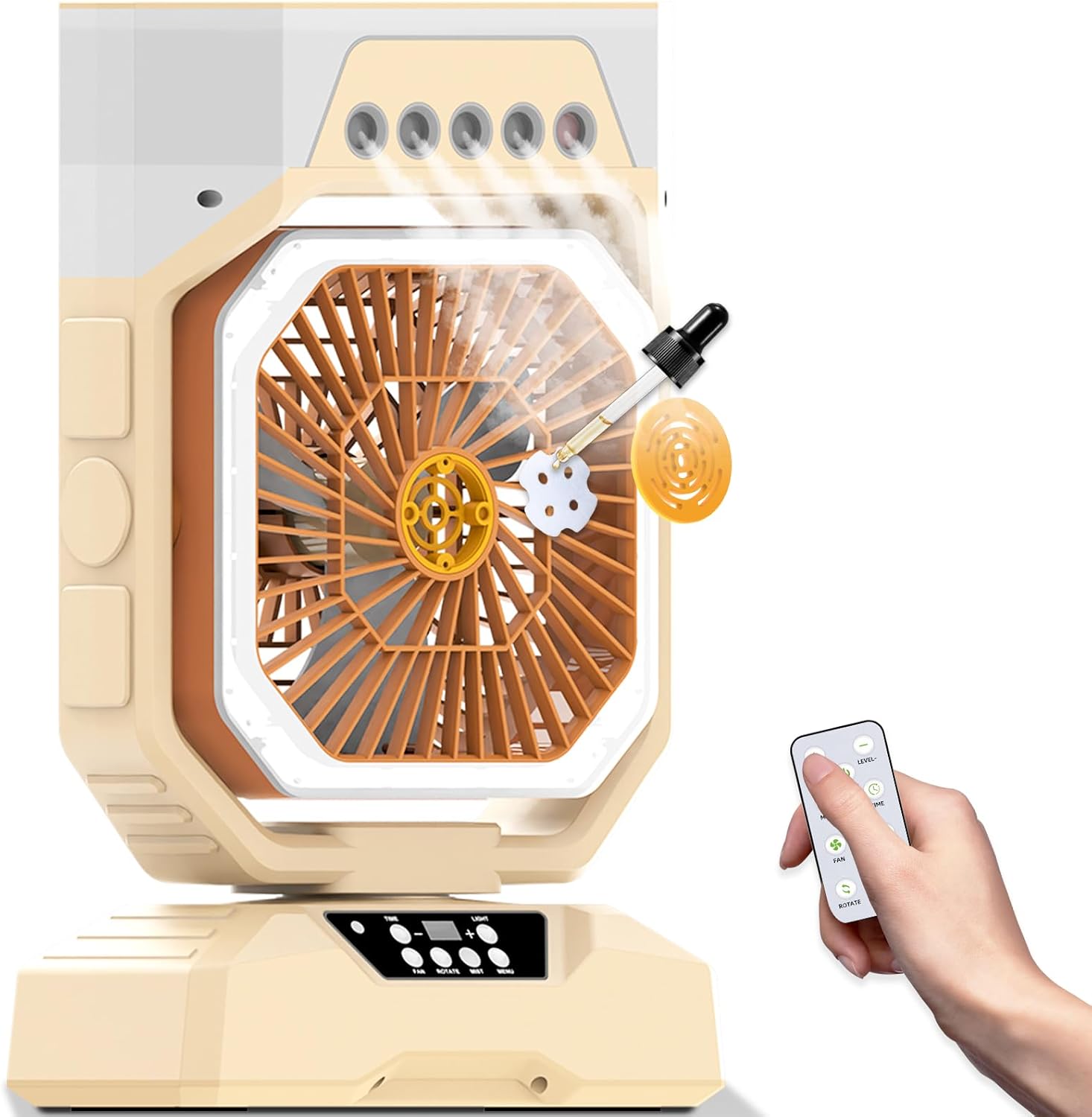 Desk Fan 5 Sprayers Rechargeable Misting Fan for Camping & Home – 6 Speed Portable Cooling Fan with Mist 560ml Water Tank Aromatherapy Diffuser Timer 27000mAh Fast-Charging Battery (Black & Orange)