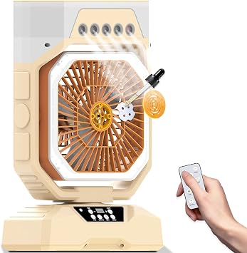Weljoy Desk Fan 5 Sprayers Rechargeable Misting Fan for Camping & Home 5 Speed Portable Cooling Fan with Mist 560ml Water Tank Aromatherapy Diffuser Timer 27000mAh Fast-Charging BatteryOff-White