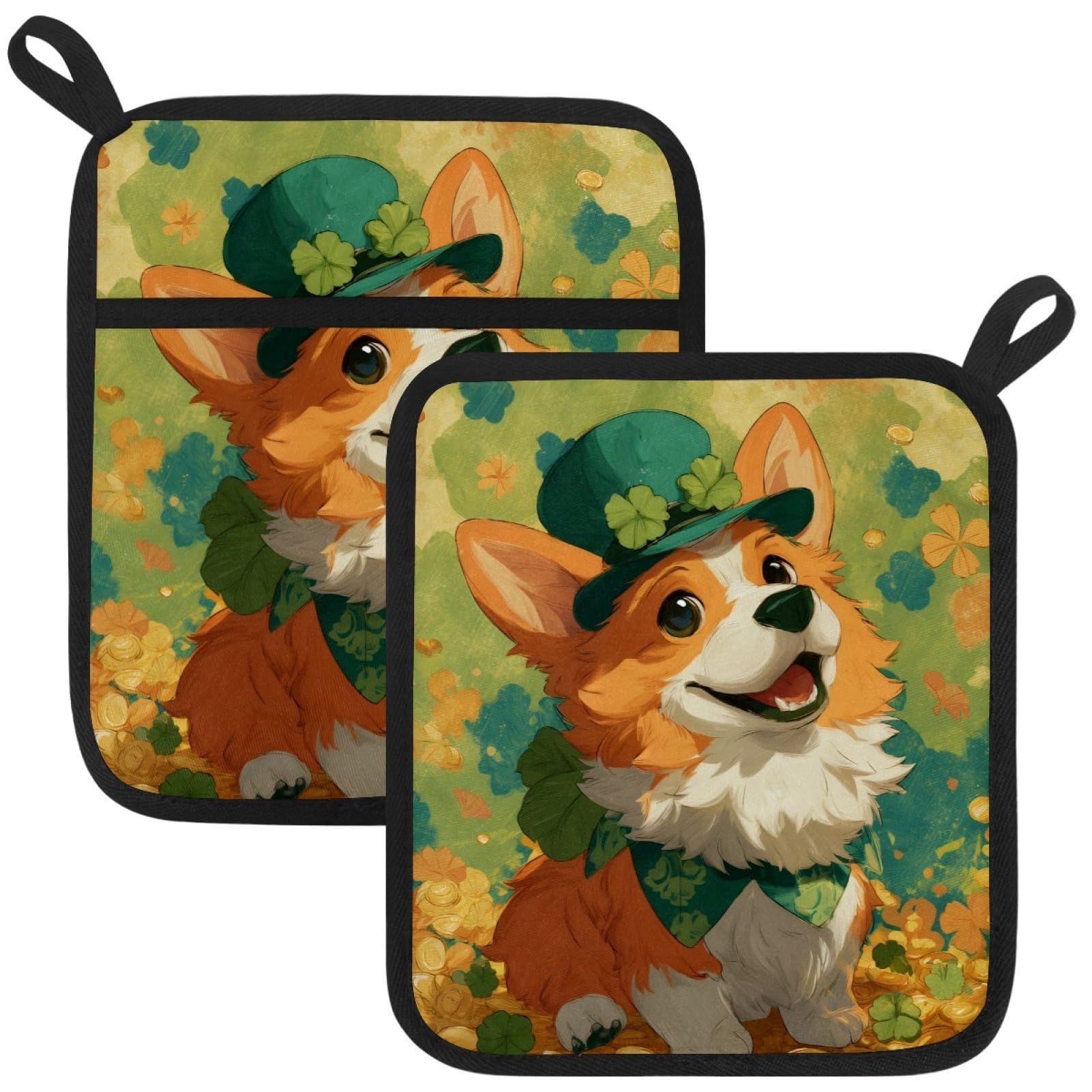 VAPOKF St. Patrick's Day Corgi Heat Resistant Pot Holders, Thick Pot Holders Pad with Hanging Loop for Kitchen, Oven Cloth Pads for Kitchen Baking Microwave Oven