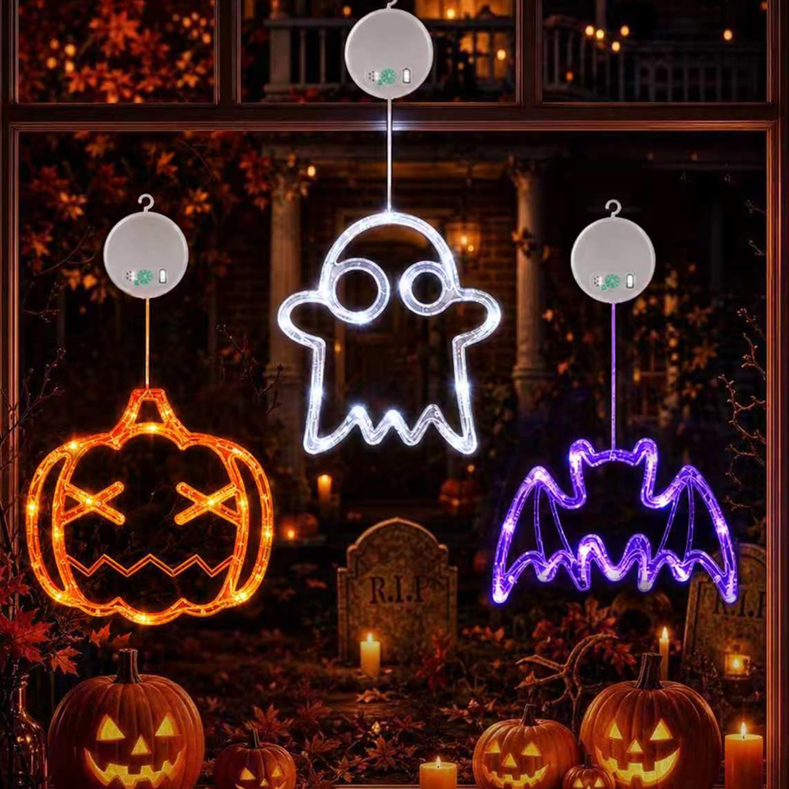 LOLStar Halloween Window Lights, 3 Pack Pumpkin, Ghost, Bat Lights | Halloween Window Decorations, Orange, White, Purple Battery Operated, Suction Cup, 8 Flashing Modes, Timer, Indoor Lights