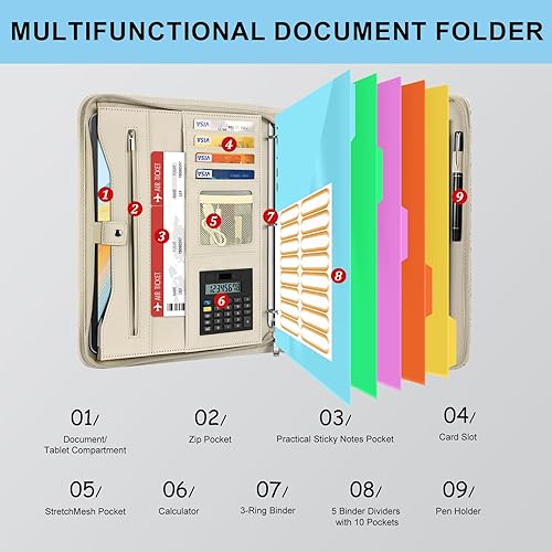 Vista 11 de Eshow Organizador de cartera, carpeta de 3 anillos con cremallera, carpeta de cuero vegano con bloc de notas, incluye 10 protectores de hojas Negro