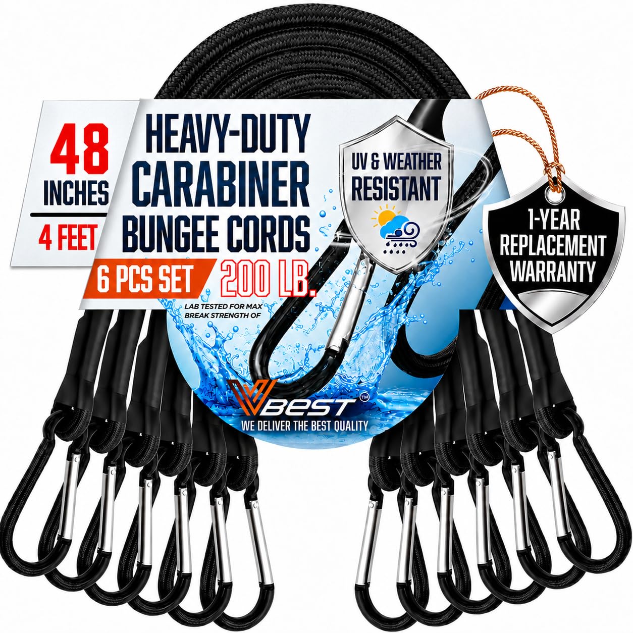 Bungee Cords with Carabiner Hooks 48 Inch - 6Pcs Heavy Duty Outdoor