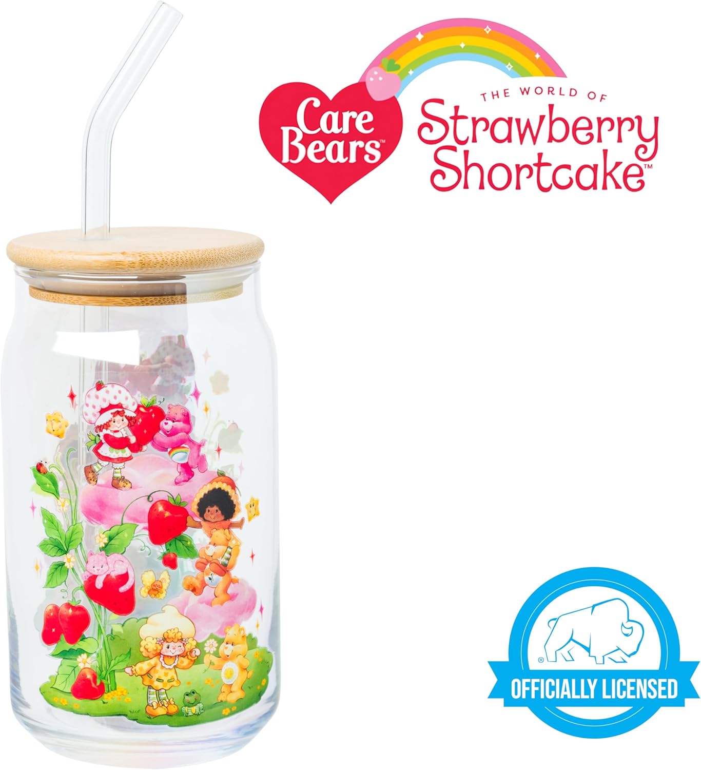 Silver Buffalo Care Bears and Strawberry Shortcake Featuring Orange Blossom, Lemon Meringue, Cheer, Friend, and Funshine Bear Glass Jar Tumbler with Bamboo Lid and Glass Straw, 16 Ounces - Image 7