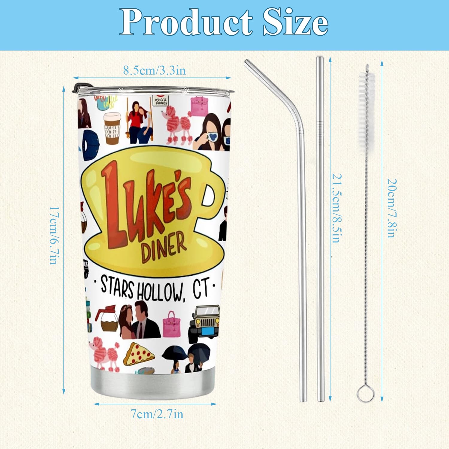 Onperpoe Bicchiere da caffè ispirato a Gilmore, tazza da caffè da viaggio ispirata a Luke's Diner, con cannuccia e coperchio, in acciaio inox, isolante, regalo per ragazze e fan, 590 ml