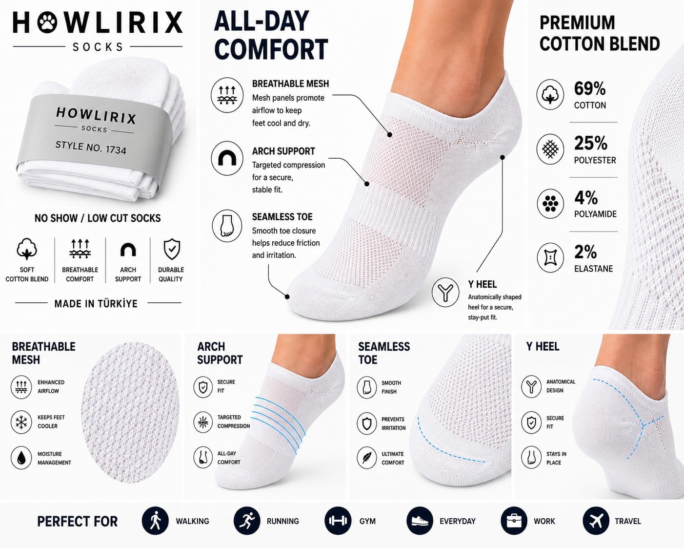 Men's Athletic Socks 6 Pairs Size 10-13