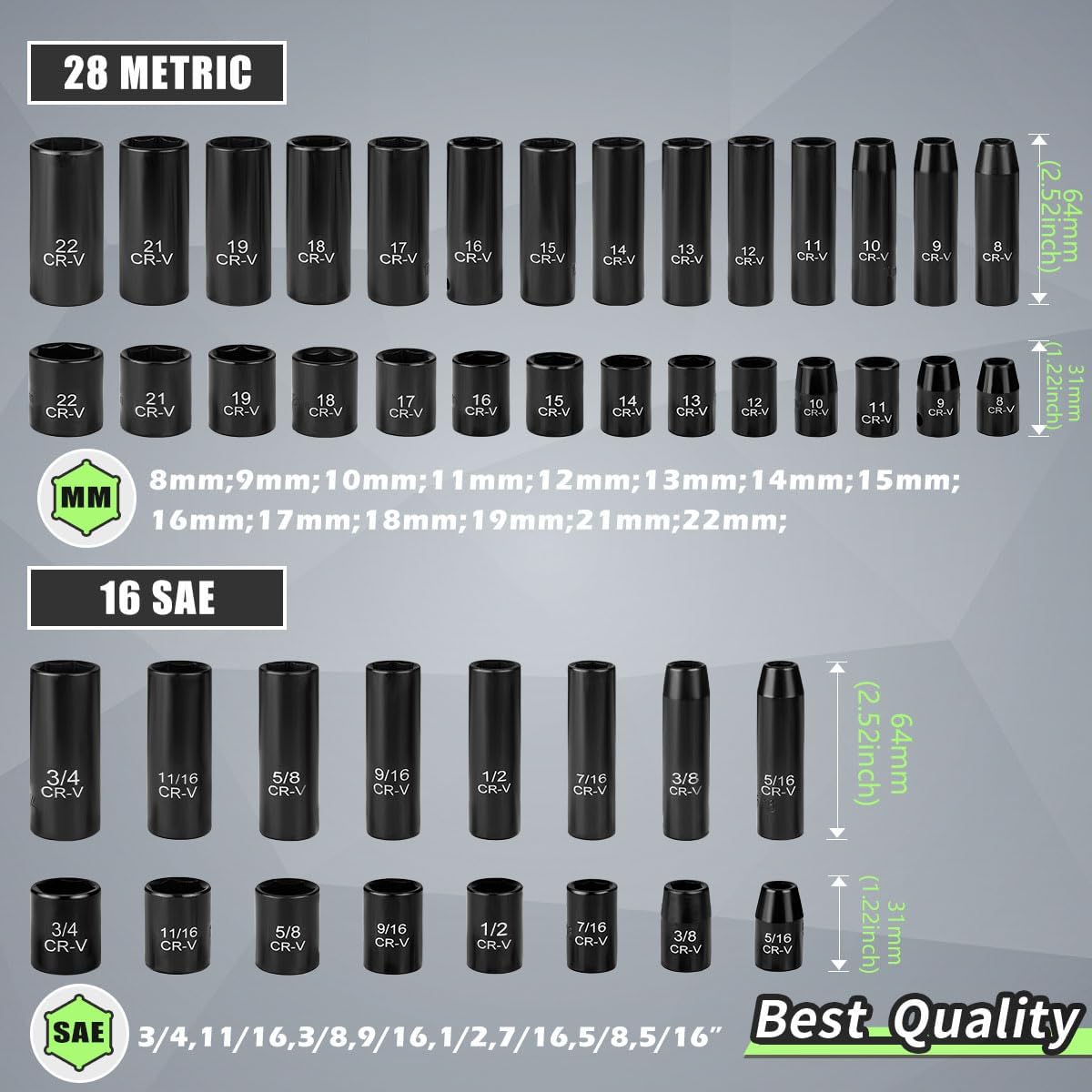 3/8" Drive Socket Set 50-Piece, SAE (5/16" - 3/4") & Metric (8mm - 22mm), Deep & Shallow Impact Socket Set with Case, 6 Points, Premium CR-V, Extension Bars, Universal Joint & Power Drill Adapter