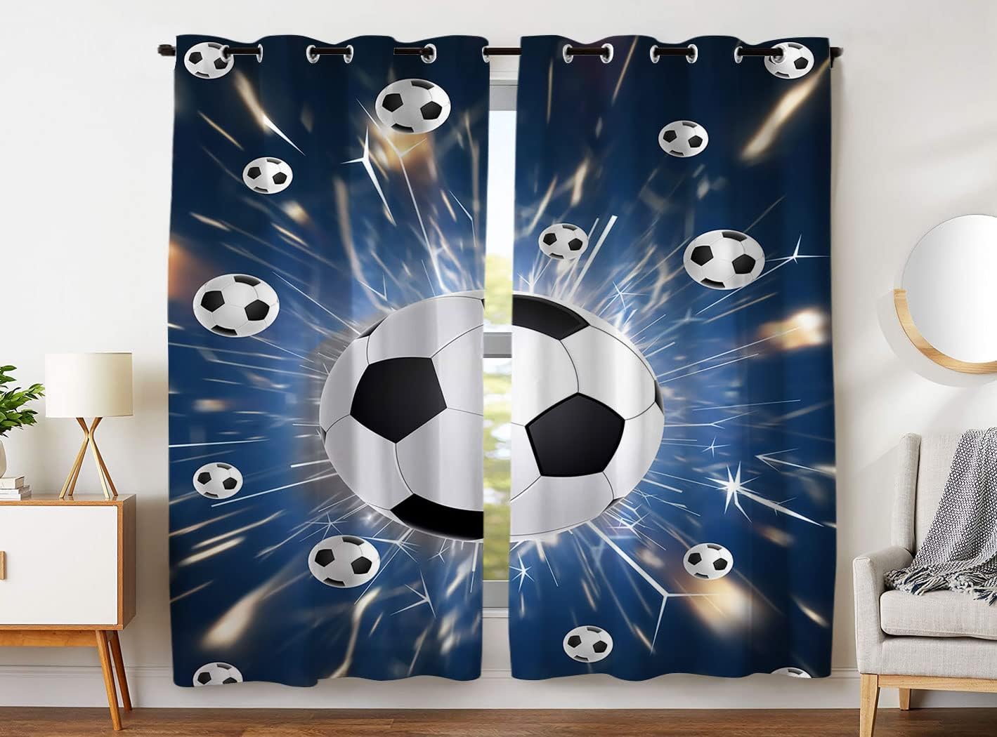 42 x 72 inch Soccer Sports Blackout Curtains Top Grommet Darkening Window Curtains (2 Panel) for Room Privacy Added