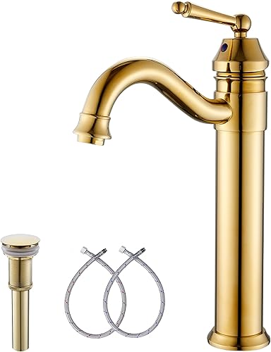 GGStudy Grifos de lavabo de baño de un solo agujero de cuerpo alto, acabado dorado con secador desplegable sin desbordamiento