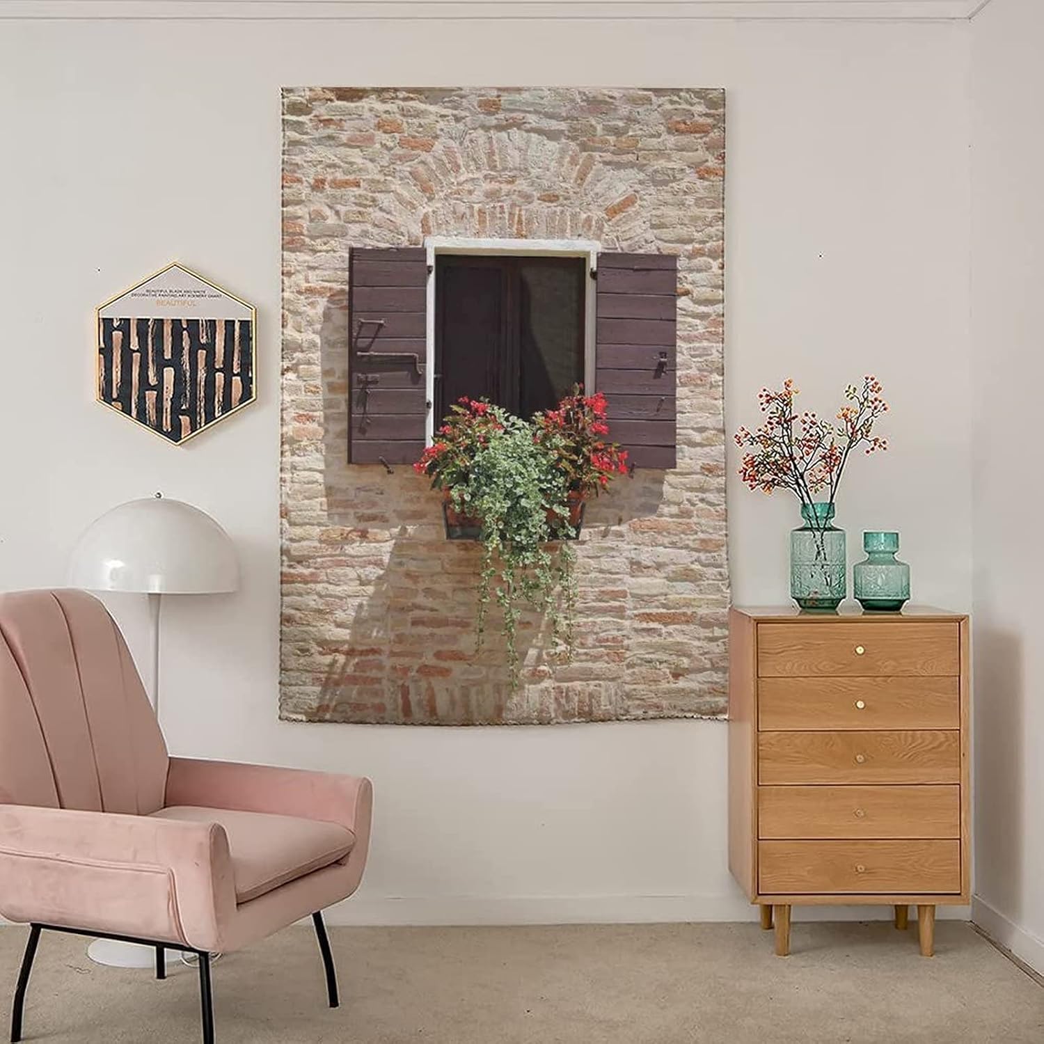 Self Adhesive Portable Blackout Curtains, Tuscan Room Darkening Curtains, Antique Window on Ancient Stone Wall With Flowers Print Temporary Blackout Blinds,47W x63L Inches, for Children Kids Bedroom