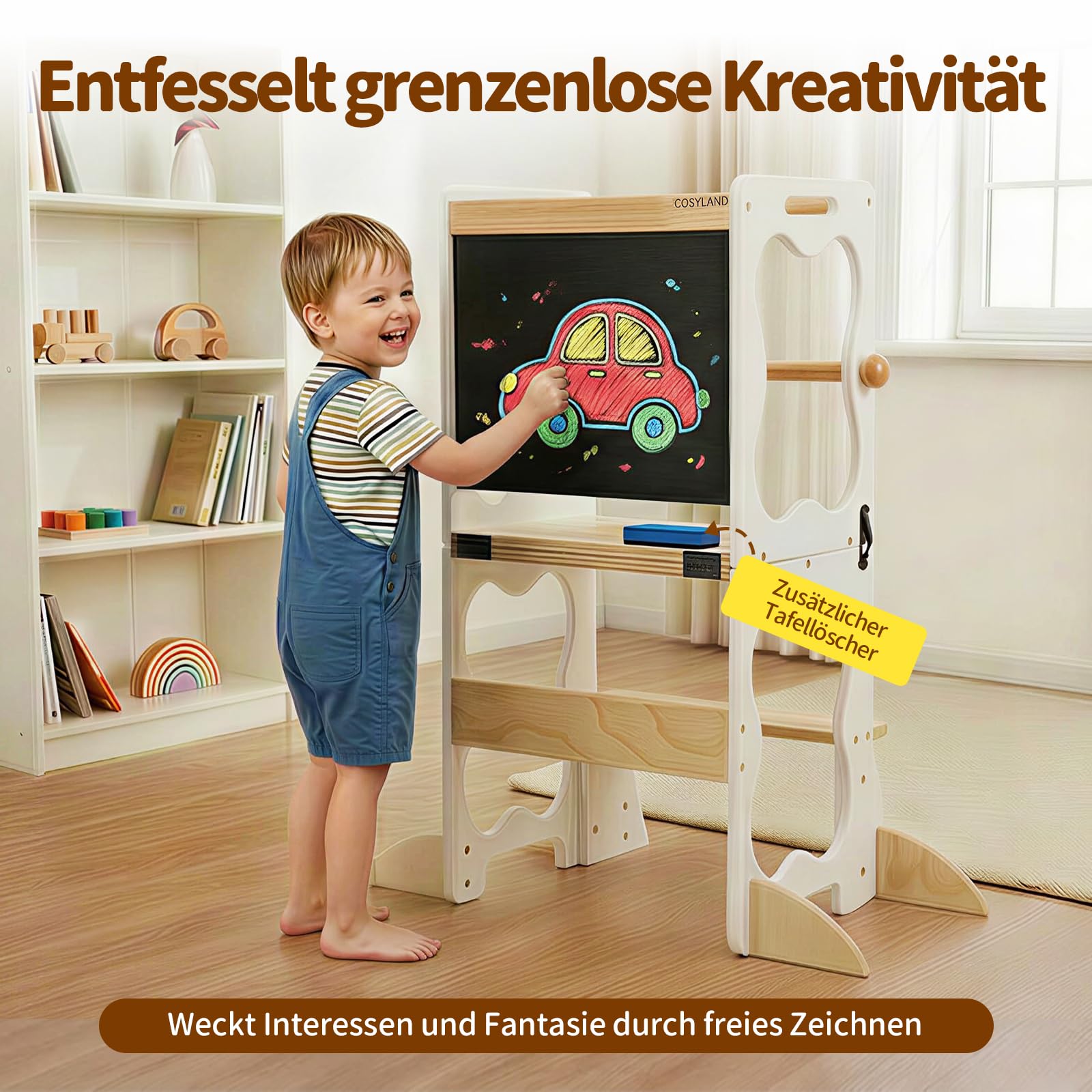 COSYLAND Lernturm Kinder 3in1 Küchenhelfer mit Tafel & Geländer Weiß | Wandelbar zu Tisch & Stuhl, ideal für Küche und Alltag. Stabil, sicher, pflegeleicht und perfekt für Ihr Kind.