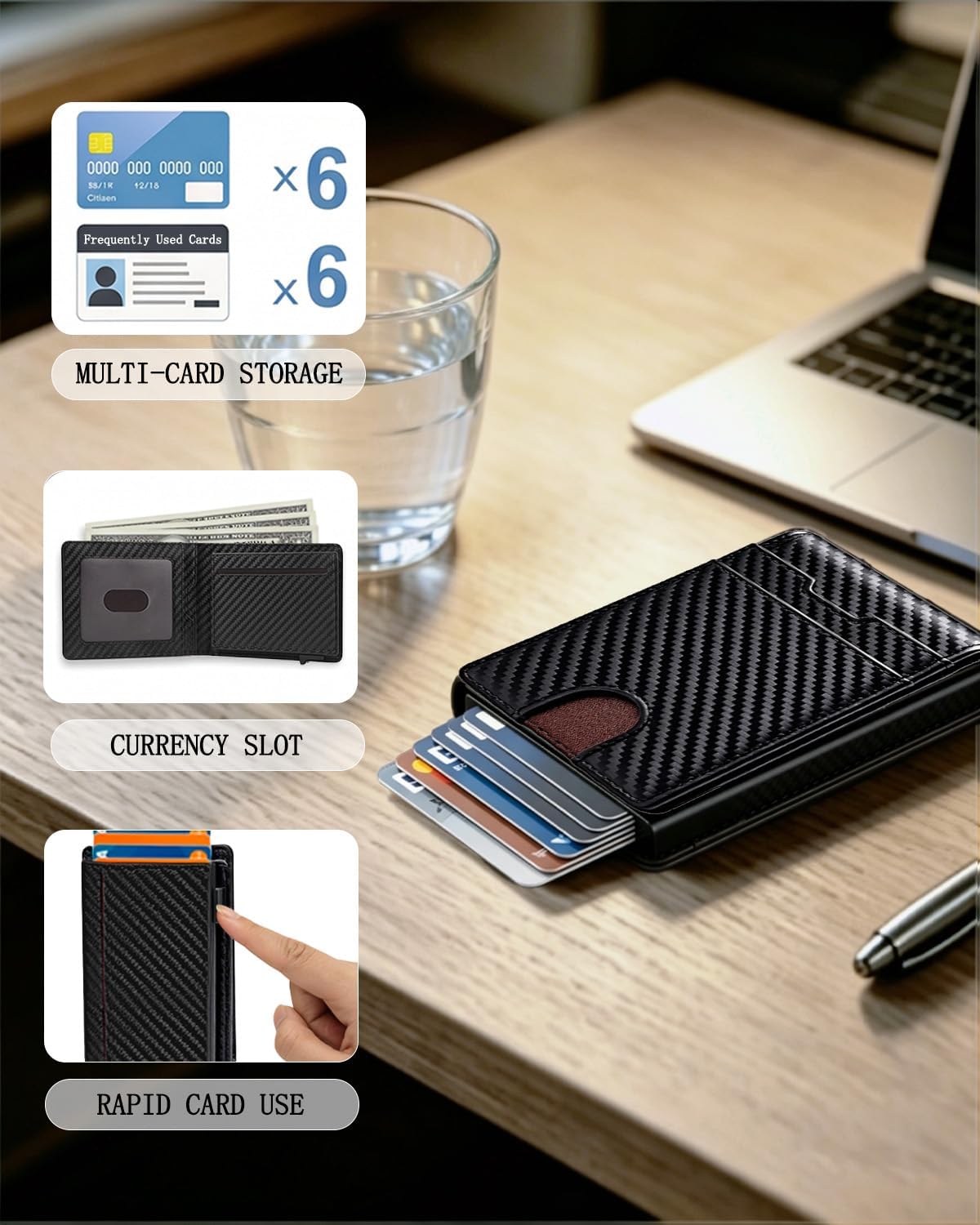 Wallet for Men,RFID Blocking Bifold Pop Up Card Holder,Ultra Slim Minimalist Front Pocket Credit Card Wallet with Large Bill Compartment & ID Window,Holds 12+ Cards,Gift for Men (Carbon Fiber Black)