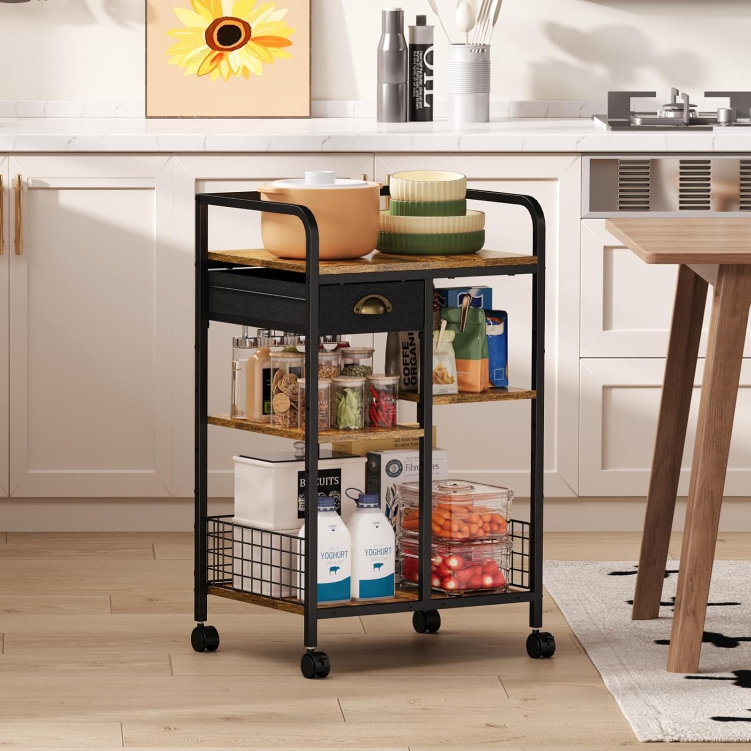 keomaisyto Kitchen Serving Storage Cart with Table Top & Drawer, 3-Tier Rolling Utility Cart on Wheels with Adjustable 2 Storage Shelves, Coffee Bar cart for Kitchen/Dining/Living Room