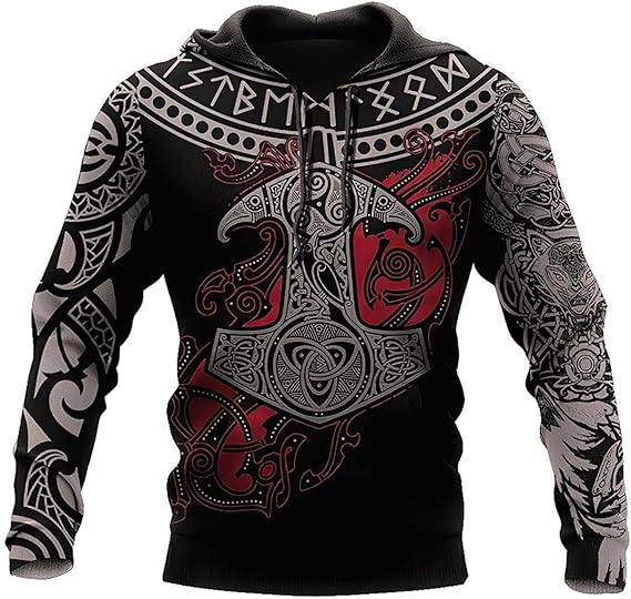 Viking-Stijl Hoodie Voor Heren, 3D Print Noorse Mythologie Schedel Hoofd Tattoo Grafisch, Casual Atletische Trui Losse Pasvorm,Zip hoodie,5XL
