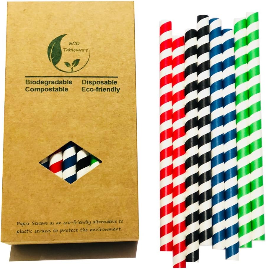 Large Smoothies Paper Straw, Green Red Navy Black Stripes Colorful 10mm 7.75inches Diameter Jumbo Drinking Paper Straws, Smoothies Big Straws