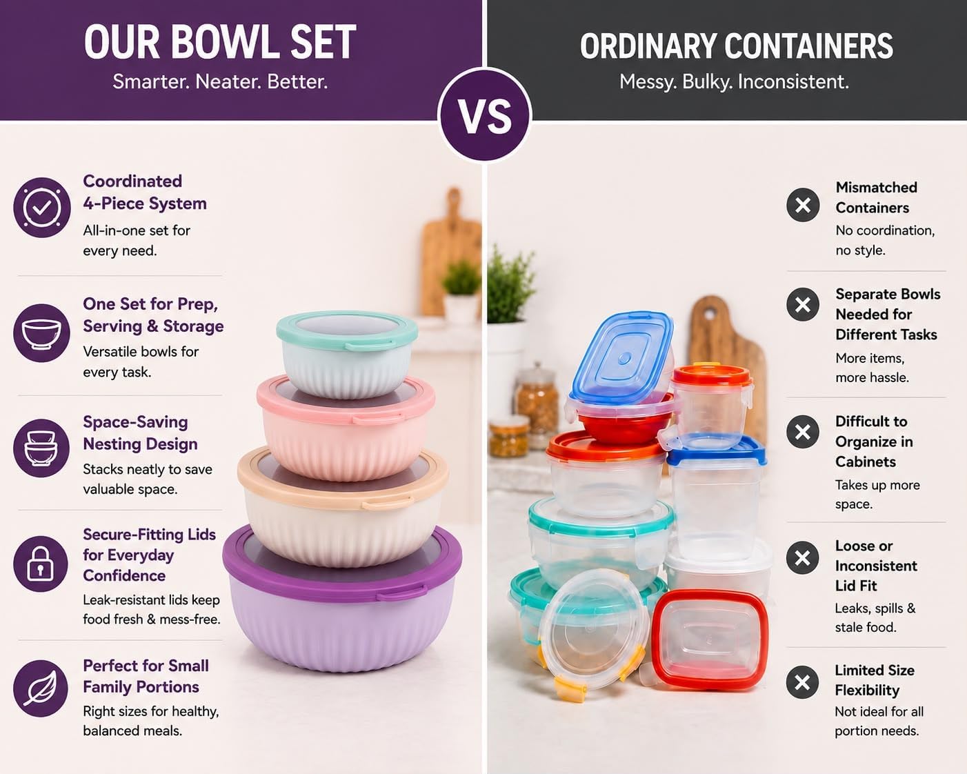 Food Storage Bowls with Lids Set of 4 – Plastic Nesting Salad Bowls, Microwaveable, BPA-Free