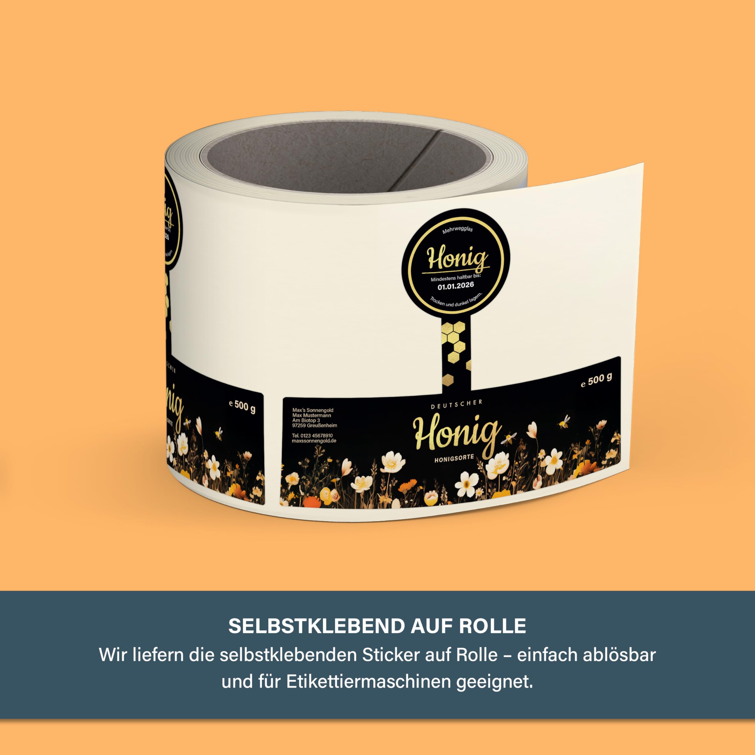 Honigetiketten 500 g personalisierbar mit Gewährverschluss – Aufkleber für Honiggläser selbst gestalten – selbstklebend, ablösbar – ab 25 Stück – (HONIG - 500 g - GEW3)
