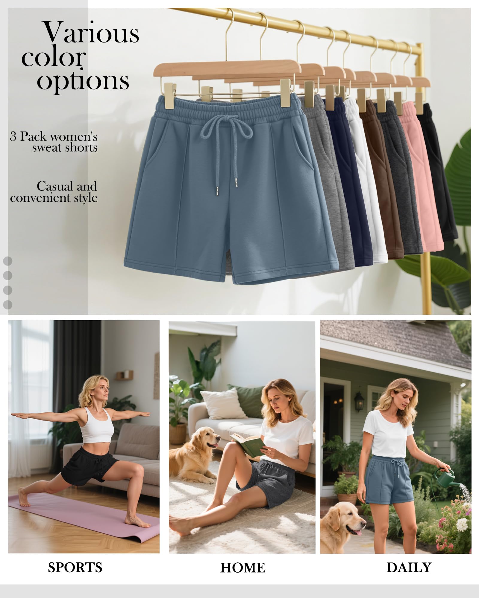Neer Lot de 3 shorts de survêtement pour femme, short athlétique décontracté avec cordon de serrage, pantalon court d'été ample et uni avec poches