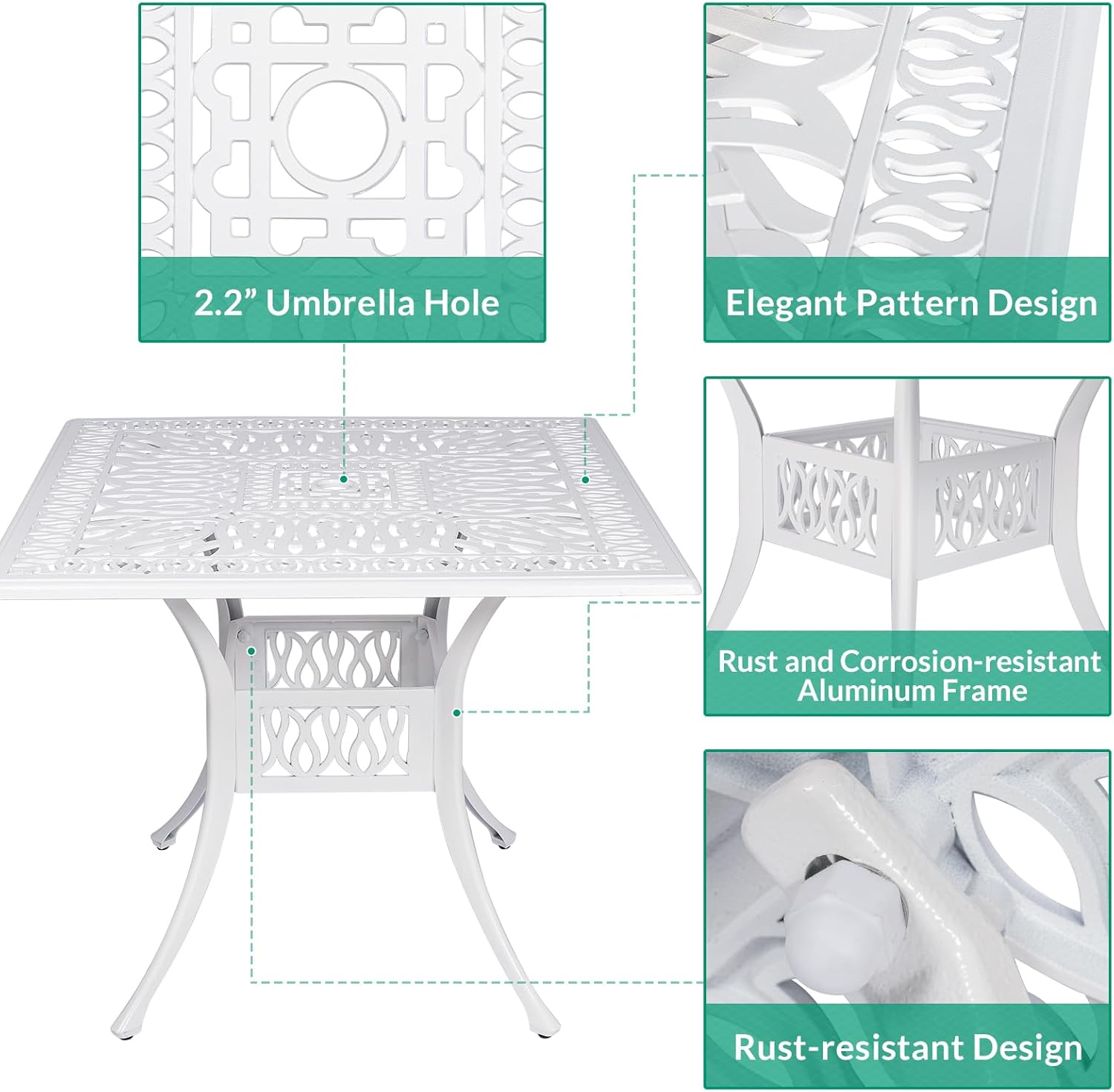 VIVIJASON 5-Piece Outdoor Patio Dining Set, All-Weather Cast Aluminum Conversation Set, Patio Furniture Set, Include 4 Chairs, a 35.4" Square Table w/Umbrella Hole, White
