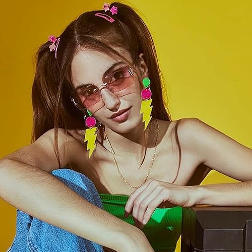 Miniatura 6 de Aretes de neón de los años 80 para mujer, coloridos aretes de gota de acrílico con relámpago, aretes geométricos retro con relámpagos para atuendo