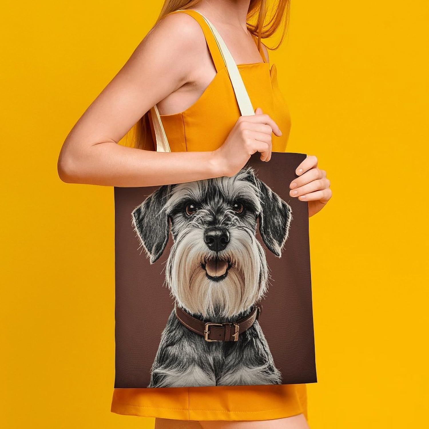Adorable Schnauzer Canvas Tote Bag Reusable Grocery Bags Foldable Soft Cotton Shoulder Carry Bag