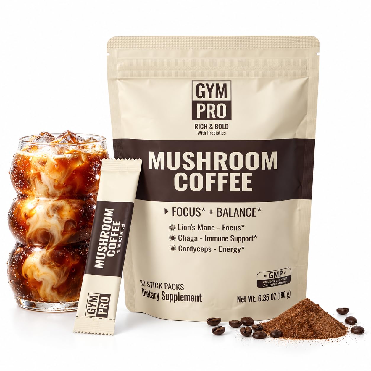 GYMPRO Café instantâneo com cogumelos, L-teanina e fibra prebiótica, 30 sachês