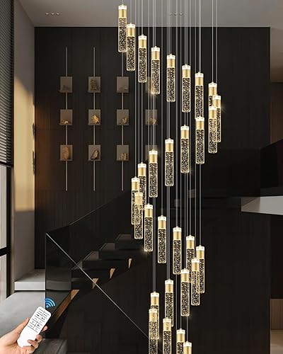 Miniatura 5 de Candelabro moderno de cristal dorado con forma de gota de lluvia de 32 luces para vestíbulo escalera, entrada de pozo de 130 pulgadas de largo,