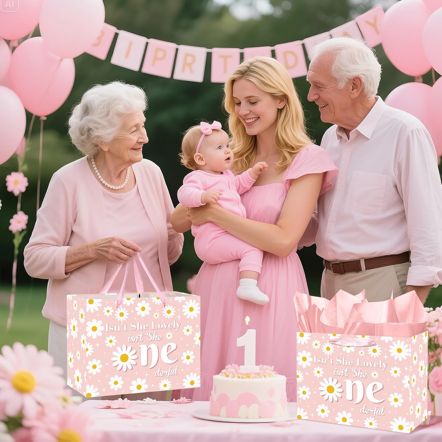 Innovoscape Baby Girl 1st Birthday Gift Bag Groovy One Birthday Bag with Tissue Paper Card Pink Daisy One Birthday Party Decorations for One Year Old Groovy Daisy Baby Shower Party Favor - Image 5