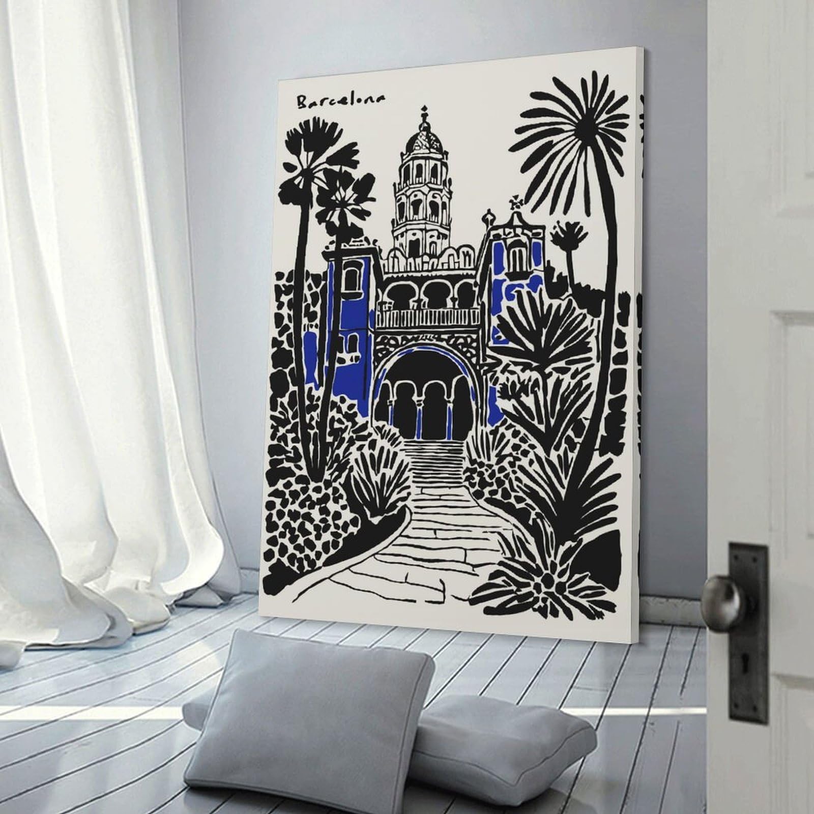 Junmoney Canvas Wall Decor Barcelona Landmark with Tropical Plants, 20x30inch(50x75cm), for Gallery Wall Layouts in Home Or Office, Home Wall Art for Statement Displays