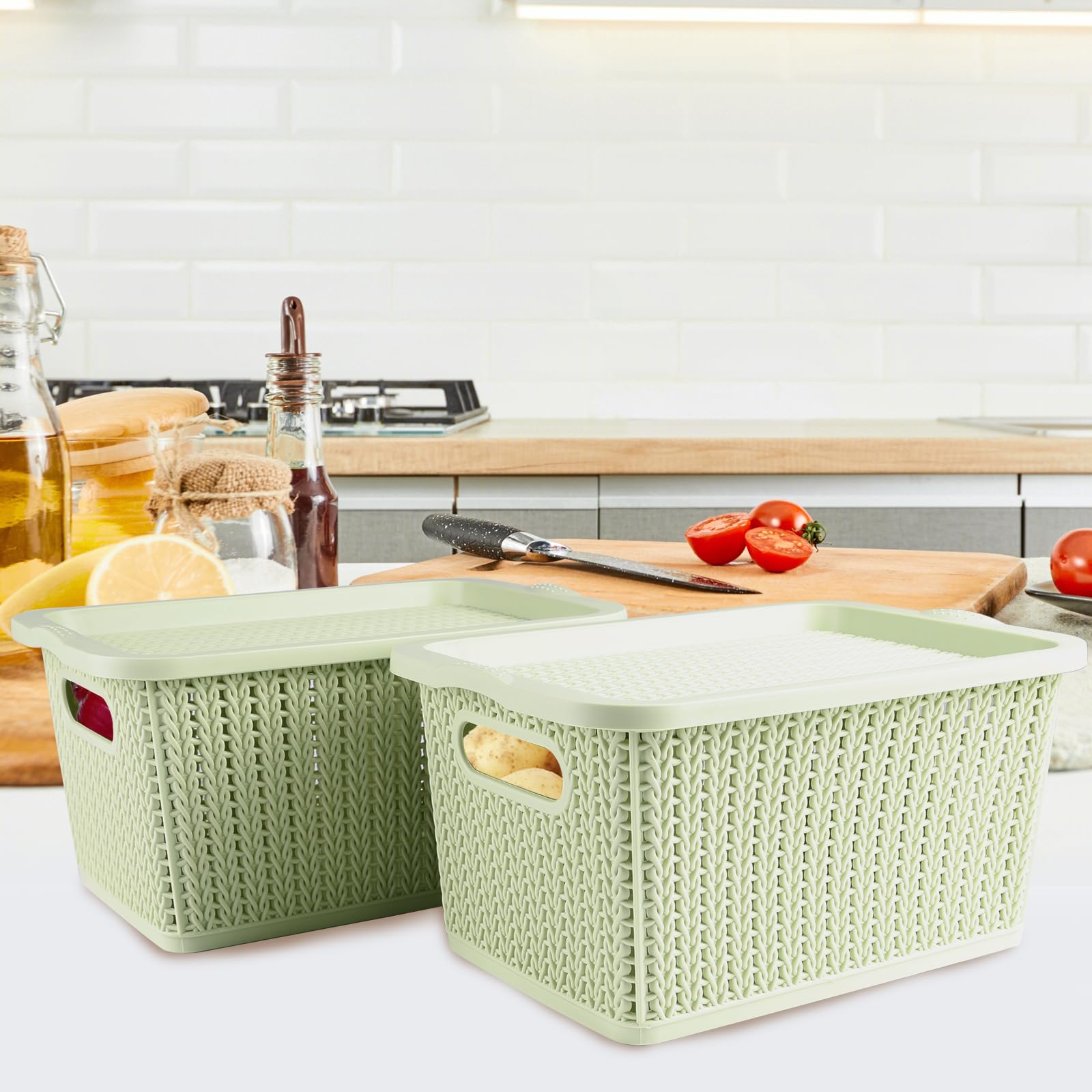 Lot de bacs de rangement empilables en plastique avec couvercles, sans BPA, paniers de rangement pour pommes de terre et oignons pour cuisine, comptoir, plus de paniers de rangement pour